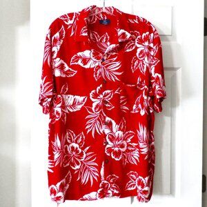 GEORGE Men's Short Sleeve Hawaiian Button-Down Shirt Size L (42-44) Red & White